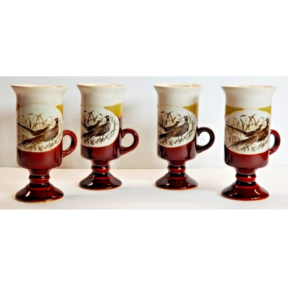 OTAGIRI Pheasants Pedestal Irish Coffee Footed Mugs 6 oz Vintage set of 4 - Picture 3 of 10